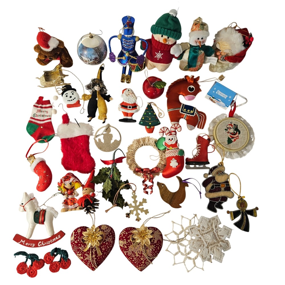 Vintage Christmas Ornament Lot Mixed Retro Santa Snowman Hearts 30pc Set